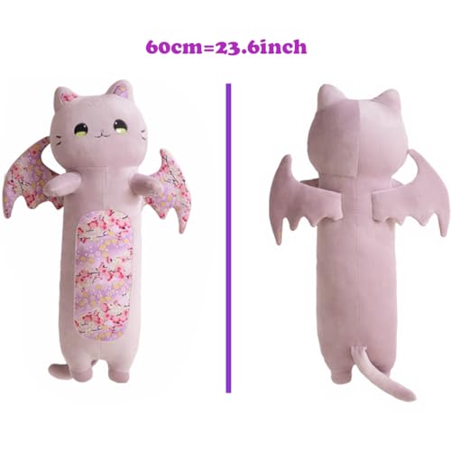 Image of Long Purple Bat Cat Stuffed Body Pillow Fluffy Plush Kitten with Wings Super Soft Bat Kitty Plushie Cushion Decor /23.6''