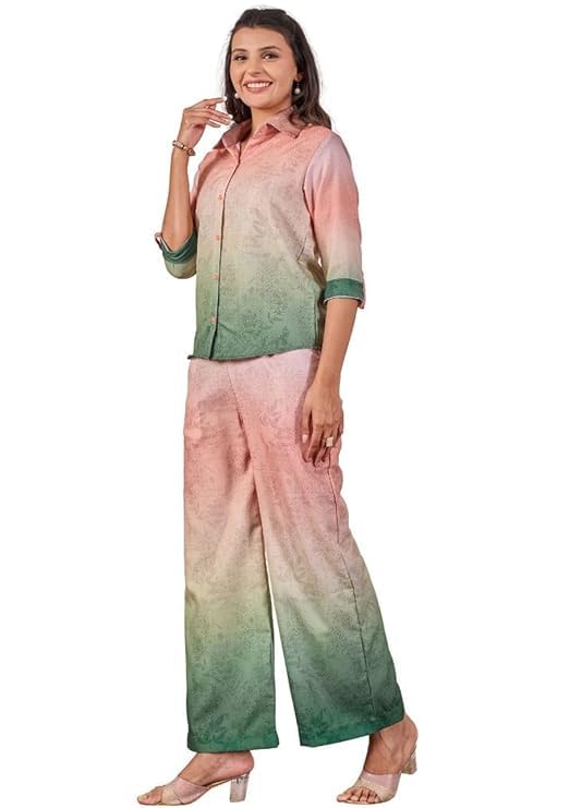 Women's Ombre Floral Print Co-ord Set - Peach & Sage Green Dual-Tone Shirt and Palazzo Trousers Loungewear-image-29
