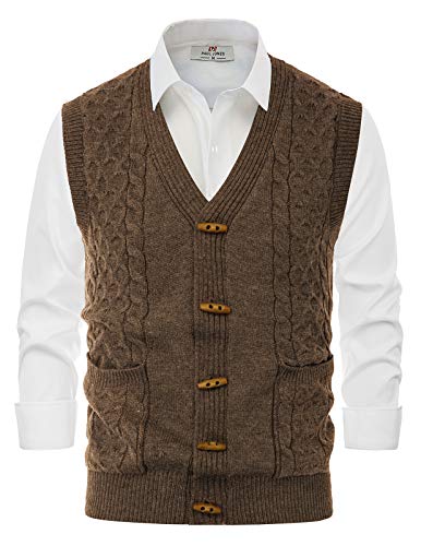 Mens Sleeveless Sweater Cardigan Button up Sweater Vest with Pockets Coffee, Large
