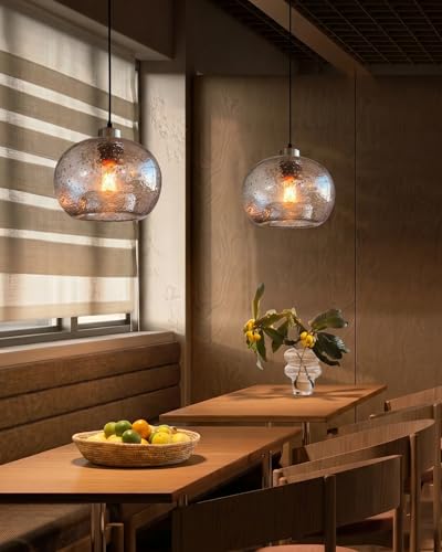Image of CASAMOTION Hand Blown Clear Glass Pendant Lights with Black Marble, Modern Rustic Kitchen Island Ceiling Hanging Light Fixtures for Dining Room Table Bedroom, Oval Globe 8.7 Inch Diameter, 2 Pack