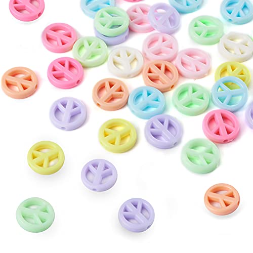 PandaHall 100pcs Opaque Acrylic Beads 16x3mm Flat Round with Peace Sign Acrylic Loose Beads for DIY Craft Jewelry Making Random Mixed Color