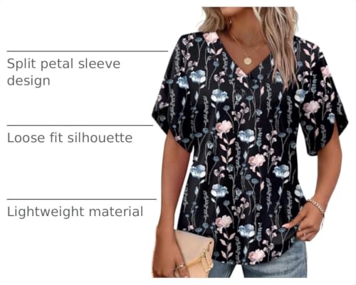 Image of WIHOLL Womens Summer Tops Short Petal Sleeve Shirts Fashion V Neck Womens Clothing
