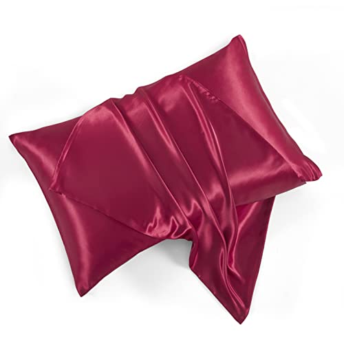 HommxJF Satin Pillowcases with Zipper （20x26）,Standard Size Pillowcases Set of 2, Wine Red Silk Pillowcase for Hair and Skin