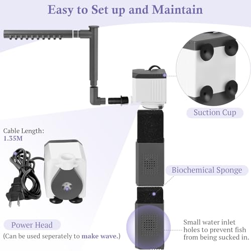 Image of 20W Large and Powerful Aquarium Filter, Adjustable Filter for 40-80Gal Fish Tank with Biochemical Sponges, Submersible Fish /Turtle Water Filters, Filtration /Oxygenation /Water Cycle 3in1 Filter