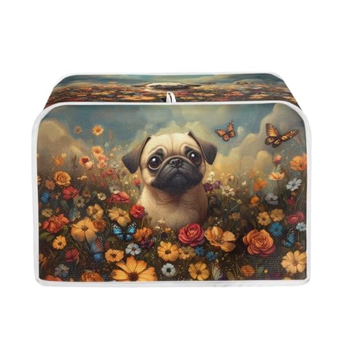 Image of Talayituse Pug Dog Butterfly Rose Print Toaster Cover 4 Slice Wide Slot, Lightweight Bread Maker Cover Dust Protection Washable Appliance Bag, M
