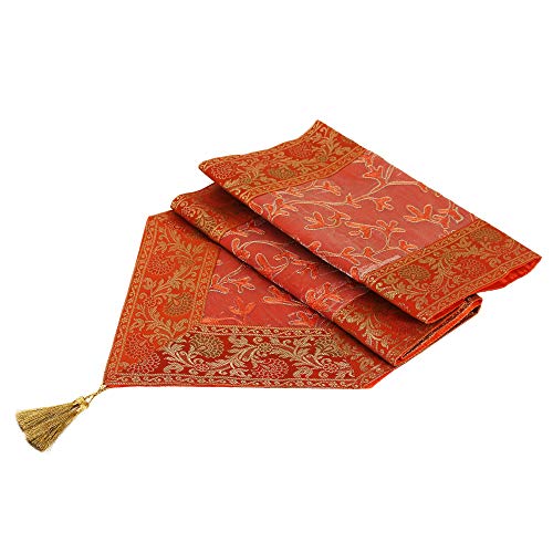 Image of Ari Zari Embroidery Table Runner for ining Table 6 Seater 72IN Indian Satin Traditional Long Runner Up with Tassels Tablecloth for Room & Runner (Peach)