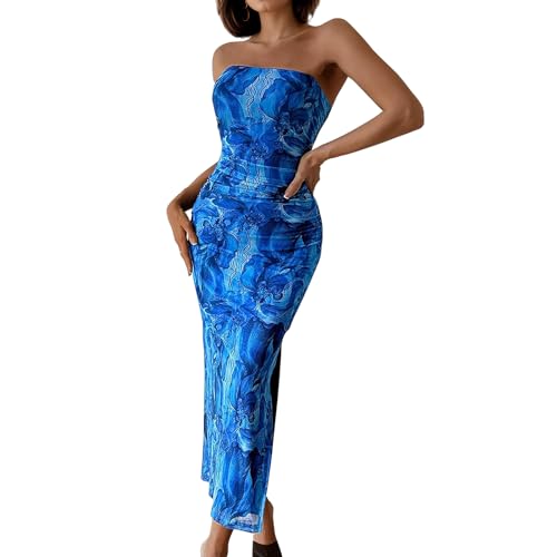 Image of Women's Tube Top Maxi Dresses Printed Tie Dye Strapless Bodycon Long Dress Split Side Sleeveless Party Elegant Outfits