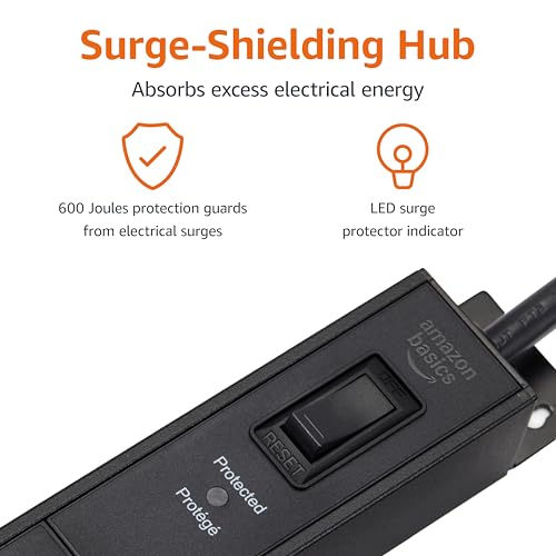 Amazon Basics Surge Protector Power Strip, 16 Outlet, Heavy Duty, Metal, 600 Joules, 1.8 m Extension Cord, Mountable, Rectangle, Black image 2