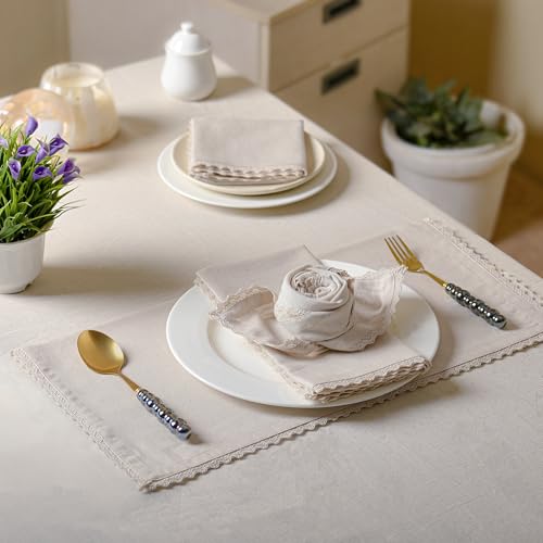 Image of FINGERCRAFT Cloth Napkins Set of 50, 20x20 Inch, Ivory Lace | Cotton Linen Blend Fabric, Decorative Trim Lace Edge, Mitered Corners, Reusable Washable, For Weddings & Banquets