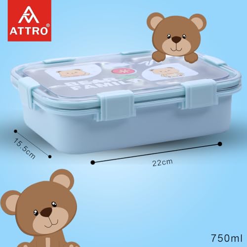Image of Attro Bento 3 Deluxe Lunch Box with Inner Stainless Steel & Secure Lock Cute Eye Catchy Design Food Grade, Leakproof, Vacuum Seal Design Use for School Kids & Outdoor- 750ml Blue