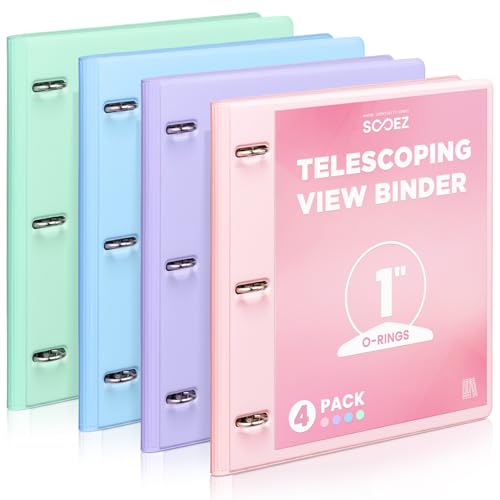 Sooez Telescoping 3 Ring Binder 1 Inch Expandable Slim 1 Three Ring Binder Clear View Cover with Inner Pocket Holds 8.5x11 Paper Space Saving for School & Office 4 Assorted Pastels