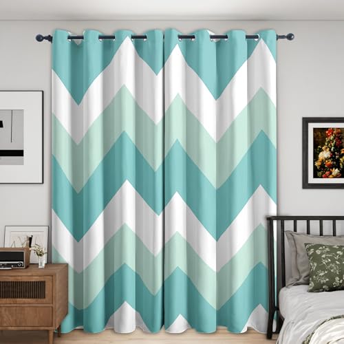 White Teal Chevron Curtains Blackout, 90x108 Inch 2 Panels - Stripe Striped Pattern Black Out Curtains, Home Decor, 108 Drop Eyelet Window Drapes for Bedroom, Living Room DI117