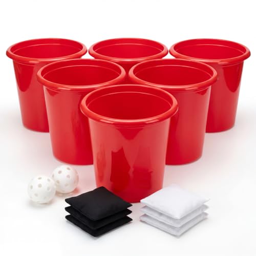 Giant Yard Pong Set - Indoor & Outdoor Giant Pong Yard Game - 12 Large Buckets, 2 Wiffle Balls (airfree), 6 Bean Bags & Carry Bag - Portable Yard Games for Adults and Family - Camping or Beach Pong