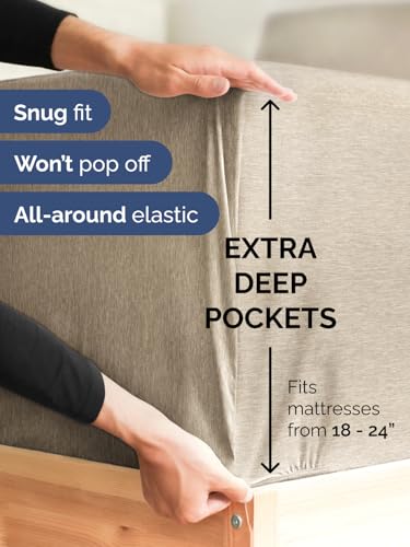 Image of Extra Deep Cal King Fitted Sheet - Single Fitted Sheet - Heathered Beige | Easily Fits 18 inch to 24 inch Mattress, Soft, Wrinkle Free, Breathable & Comfy, Extra Deep Pockets Hotel Luxury Fitted Sheet