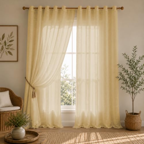 Image of LINENWALAS Aesthetic Sheer Curtains 9 Feet Long Set of 2, Poly Linen Shrink & Fade Proof Drapes for Long Door Semi Transparent Modern Panels with Grommet Hanging for Living Room (Golden Beige /9 Feet)