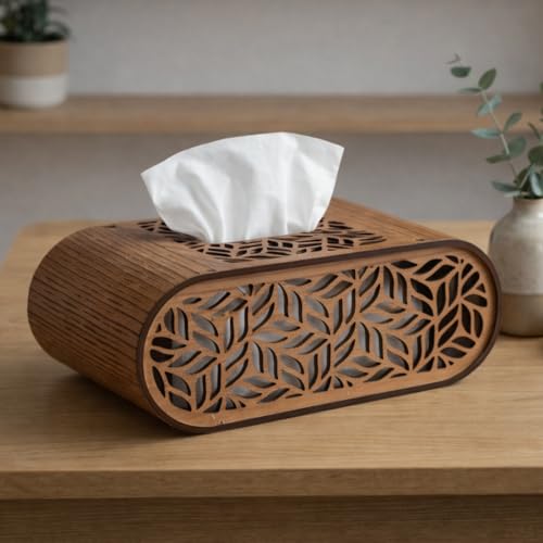 Image of Premium Wooden Tissue Box Cover for Table - Laser Cut Floral Design Napkin Holder, Decorative Rectangular Tissue Dispenser Case for Living Room, Dining Table & Office Desk Decor (Brown)