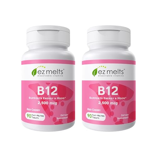 EZ Melts Dissolvable B12 Methylcobalamin 2 500 mcg - Vitamin B12 for Energy & Immune Support - Non-GMO Vegan & Gluten-Free - Red Cherry - 90 Sublingual Tablets (2 Pack 180 Servings)