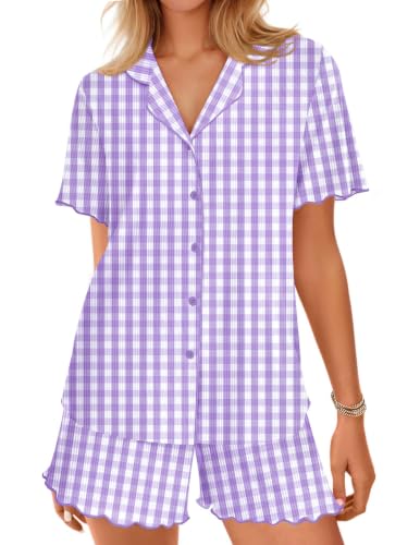 Image of Ekouaer Button Up Pajamas for Women Set Ribbed Knit Pjs 2 Piece Lounge Set