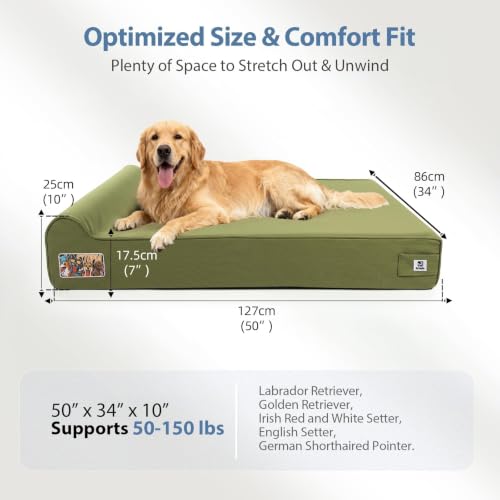 Image of Sytopia Orthopedic Dog Beds for Extra Large Dogs, 7 inch Extra Thick Memory Foam Canvas Pet Bed with Durable Chew Proof Fabric Cover, Waterproof Liner & Washable Cover, Nonskid Bottom, Green