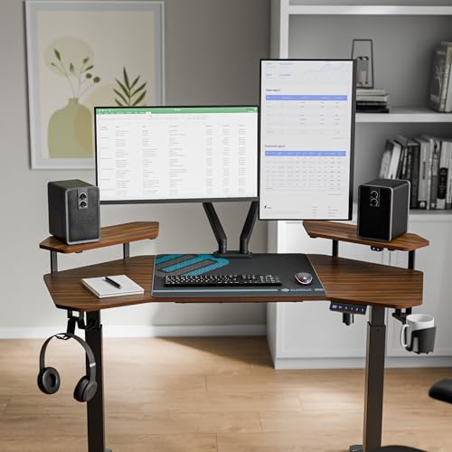 Image of EUREKA ERGONOMIC Aero 55 Inch W Shaped Electric Standing Desk, Height Adjustable Computer Gaming Desk with LED Monitor Shelf, Mouse Pad, Headphone Hook, Cup Holder, Dark Walnut