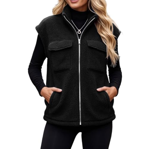 Womens Sherpa Fleece Utility Vest Zip Front Chest Pockets Casual Fall Layer - image 1