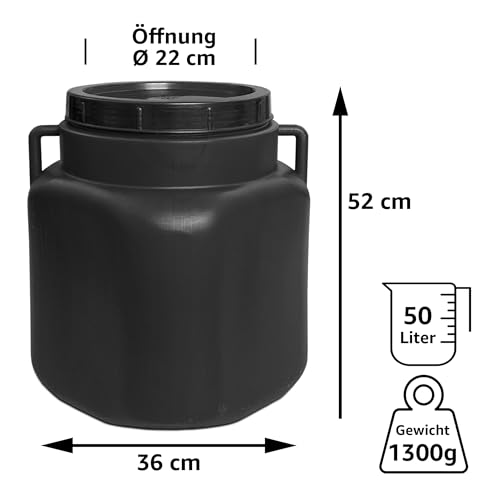 plasteo® 50 Liter Weithalsfass mit Deckel und Griffen Eckig Schwarz, Lebensmittelecht und BPA-Frei, Futtertonne Kunststofffass Universalfass Deckelfass Wasserfass Regentonne Lagerfass
