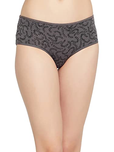 Image of Clovia Women's Cotton Mid Waist Leaf Print Hipster Panty in Grey