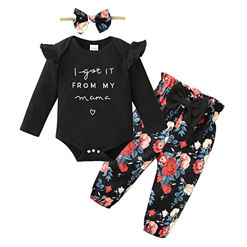 Image of DISAUR Baby Girls Clothes Newborn Infant Baby Girls Outfit Long Sleeve Ruffle Romper Floral Pants Headband Sets 0-18 Months