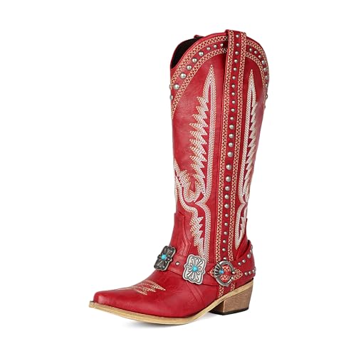 MSYIEVAD Knee High Cowboy Boots Women Rivet Western Cowgirl Boots with Metallic Buckle Turquoise (Red, 6 M US) by MSYIEVAD - Used condition - US$47.35