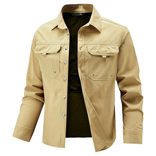 Men's Casual Big Size Outdoor Long Sleeve Slim Fit Solid Color Top for Daily Home Travel Hiking All Seasons(Khaki, XXXXXL)