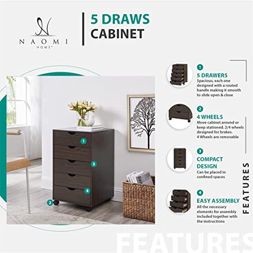 Naomi Home 5 Drawer Dresser For Bedroom, Stylish Tall Dressers With Wheels, Storage Shelves, Small Dresser For Closet, Makeup Dresser With 180 Lbs Capacity - Gray Oak #TOP2