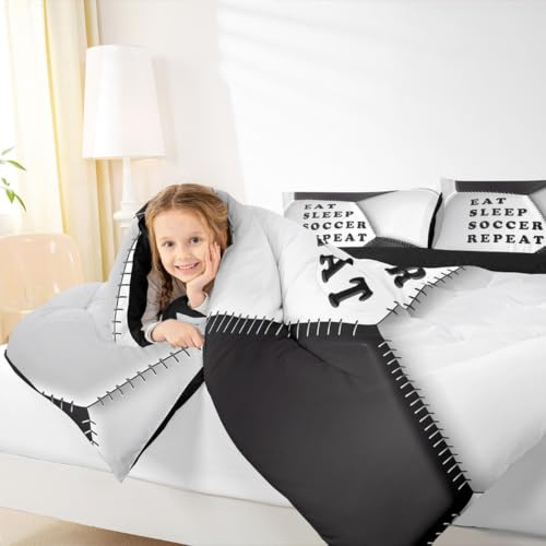 Image of Feelyou Soccer Comforter Set Queen Size Football Bedding Set for Kids Boys Girls Eat Sleep Sports Theme Duvet Quilt Bedroom Decor Microfiber 3 Pcs with 2 Pillow Cases