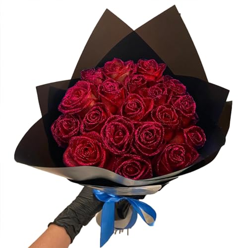 Glitter Rose Bouquet,Artificial Rose Flowers Bouquet,Glitter Everlasting Rose Bouquet,DIY Bouquet Shiny Fake Rose Bouquet Love Gift for Valentine's Day Gift (Red,9 Pcs)