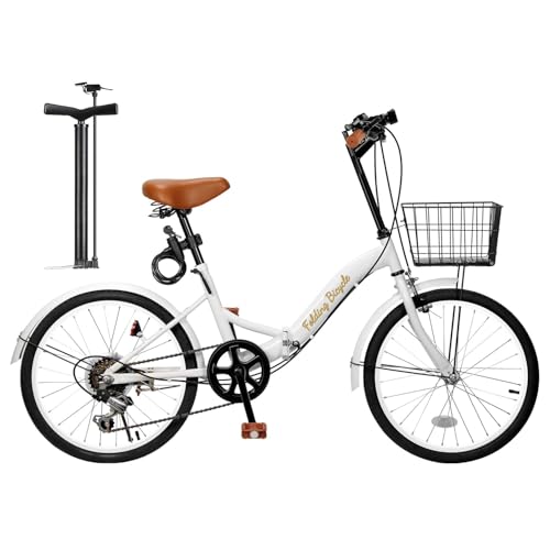 折畳み自転車 20インチ 軽量 素早く折畳可能 シマノ6段変速 高炭素鋼フレーム ハンドル・サドル高さ調整可能 折り畳み自転車 通勤 通学 折りたたみ自転車 前後泥除け装備 ワイヤーロック、ライト、カゴ、空気入れ付き 男女兼用 ホワイト