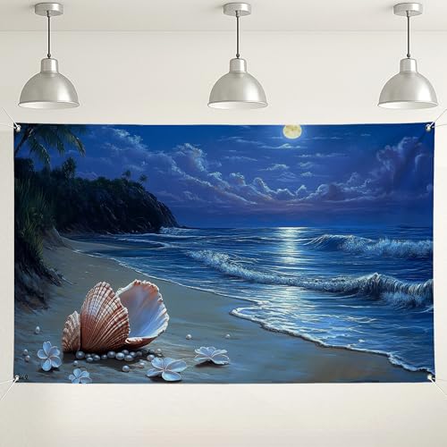 Fondo de pared de conchas oceánicas, fondo decorativo de escena de playa costera, fondo de fotografía de paisaje marino azul para fiestas, eventos de verano, decoración temática de playa, 71 x 43