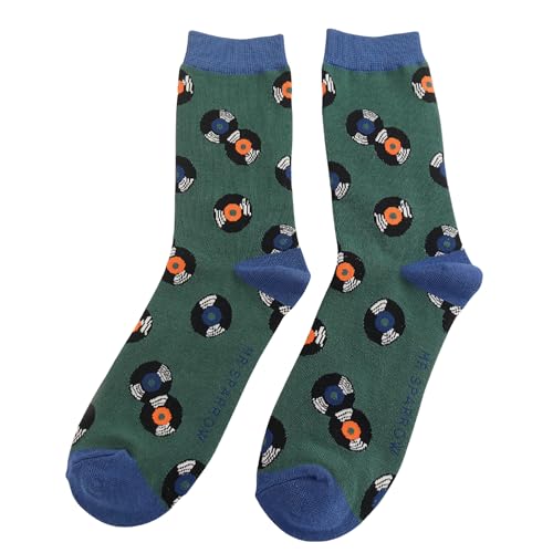 Image of Bad Zebedee Mr Sparrow Men's Vintage Vinyl Bamboo Socks (Size UK 7-11) (UK, Numeric, 7, 11, Regular, Regular, Green)