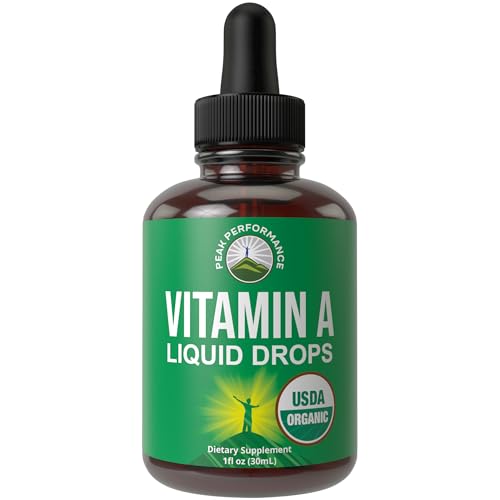 USDA Organic Vitamin A Liquid Drops Supplement - Vegan High Bioavailability for Eye Skin + Bone Health - for Adults Men Women Kids - Vit A Oil Retinyl Palmitate - Gluten Free Zero Sugar 1 fl oz