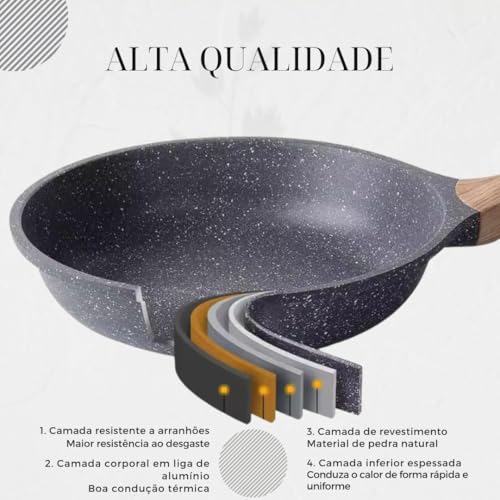 Frigideira Antiaderente Grande 28cm Ceramico Frita Sem Óleo Funda Cabo Madeira Não Gruda Fogão Induç