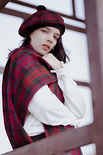 Image of Scottish Tam O' Shanter Hat Tartan Bonnet Pom Pom Wool Flat Cap One Size