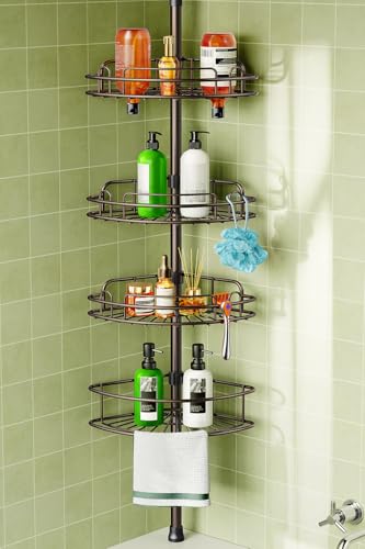 Image of HAMITOR Corner Bathroom Organizer, 4-Tier Tension Pole Shower Caddy, Bronze | Rust-Resistant Adjustable Shelves, No-Drill Quick Install, Space-Saving Bathtub Storage For Renters, Families 47.7-123.7In