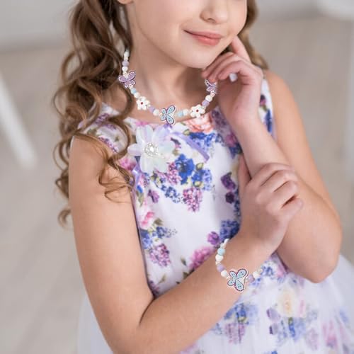 Azlanway Kinder Schmuckset 2-teilig – Halskette & Armband aus Holz mit Schmetterling Motiv, elastischer Kinderschmuck für Mädchen, buntes Zubehör für Geburtstag, Party, Verkleidung & Geschenk