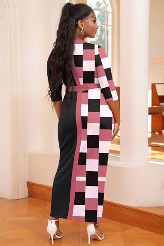 Image of Nmoder Long Maxi Dress for Women, Pencil Church Bodycon Dress Front Split | 3 /4 sleeve v neck, curvy tea party work semi formal cocktail funeral date bridesmaid dress, colorblock, m-3xl