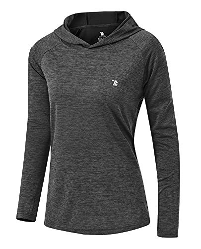 YSENTO Damen Laufshirt Langarm Sportshirt UPF 50+ Schnelltrocknend UV Schutz Hoodie Pullover Wandershirt mit Daumenlöcher(Dunkelgrau,M)