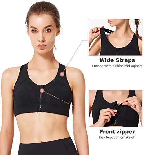 Yvette High Support Sports Bras - Zip Front Sports Bra For Women Racerback Workout Top For Plus Size Black #TOP1