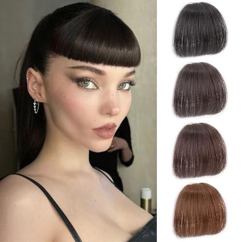 VAVANGA Short Human Hair Bangs Clip on Real Hair French Bangs Brown Black Thick Curtain Bangs Clip in Neat Bangs Fringe without Temple Hairpiece Hair Extension for Women(Brown Black)
