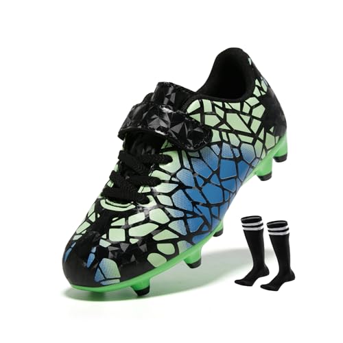 Klenvirola Kids Soccer Cleats Boys Girls Firm Ground Football Shoes with Hook and Loop Strap Easy Clean Bright Colours Baseball Boots