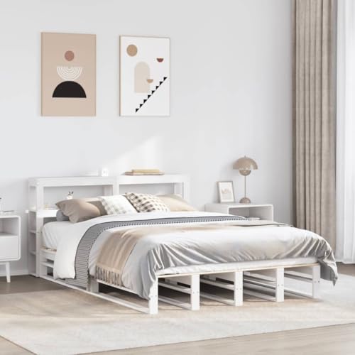 mzdioop Cama de madera maciza blanca de 120 x 190 cm de pino con cabecero y espacio de almacenamiento, somier de láminas de cama doble estable sin colchón para dormitorio cómodo respaldo
