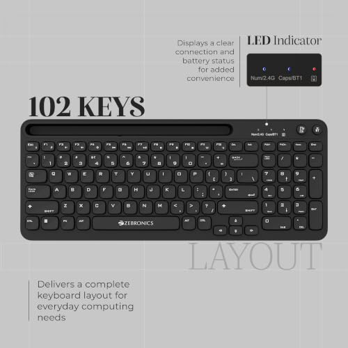 Image of Zebronics Keypad X3 Wireless Keyboard, 102 Keys, 12 Multimedia Keys, 2.4GHz + BT, UV Coated Keycaps, Mobile & Tablet Holder, ₹ Rupee Key, Retractable Stand, USB Nano Receiver (Black)