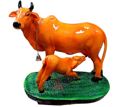 Sai Amrut Handicraft Decorative Polystone Cow and Calf Big Statue/Idol for Gift Home Decor 8 inch (Orange), Religious