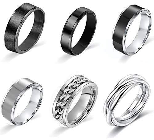 Xiumeso 6 Stücke Edelstahl Ringe für Herren Damen Vintage Breit Schwarz Ringe Verlobung Freundschaftsring Ringe mit Kette Ringe Edelstahl Silber Drehbarer Ringe Angst Ring Punk Ringe, Größe 57 Cover